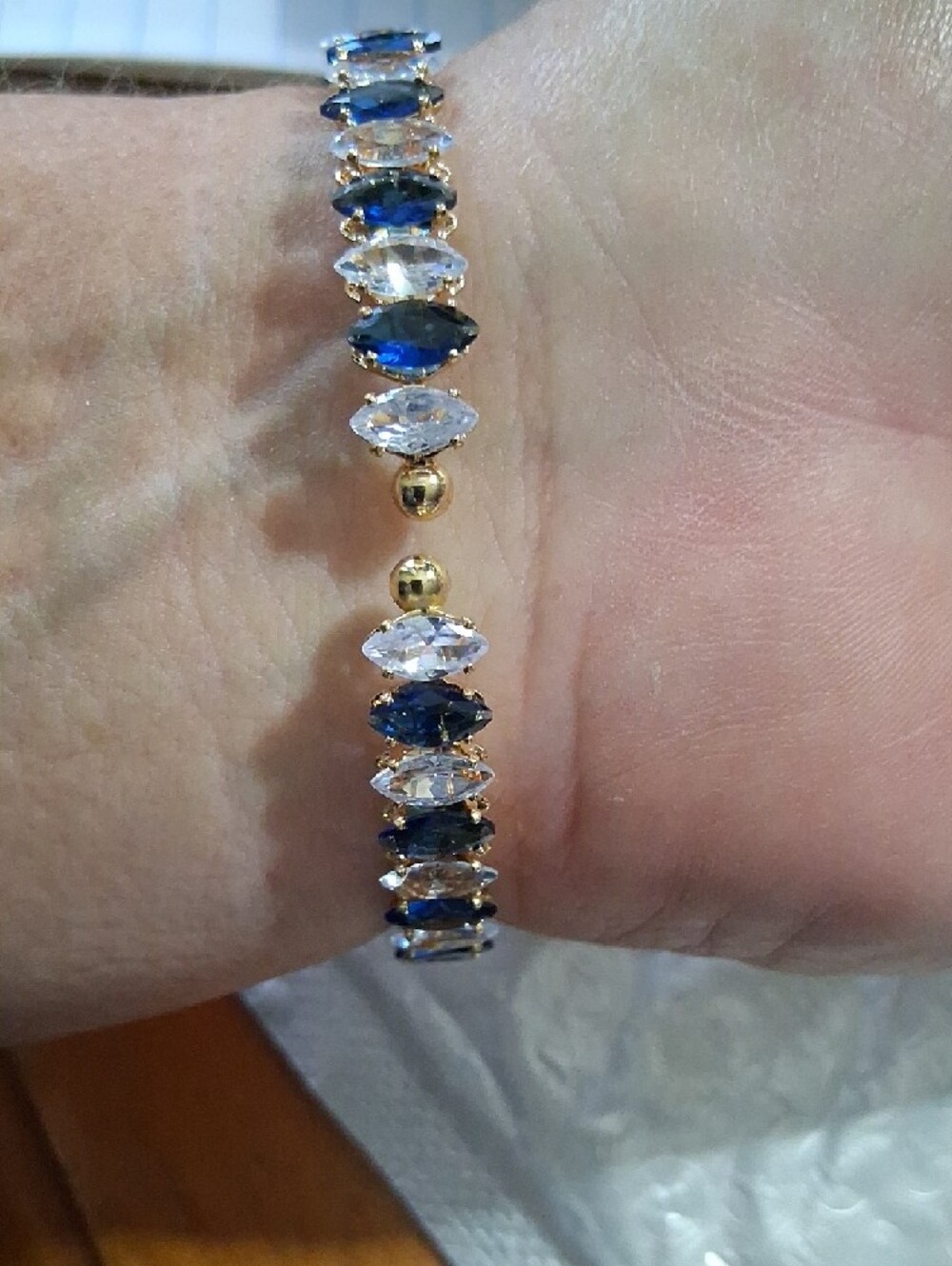 Gold Tennis Bracelet with Dark Blue and Clear Stones. BANGLE.UP TO 8.NWT - Picture 4 of 4